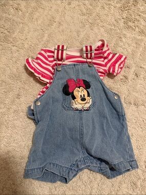 Disney Denim Minnie Overalls with Pink & White Striped Tee